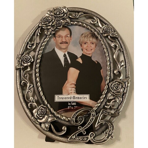 Decorative Oval Silver Tone Vtg 5x7 Picture Frame 25th Anniversary Raised NIB - Picture 4 of 13
